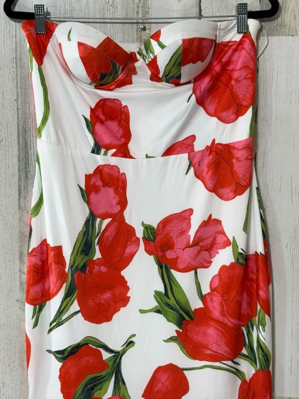 Strapless Mermaid Style Dress with Red Floral Print and Fitted Bodice